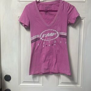 Small pink deep v neck FMF racing tee with light gray and black graphic